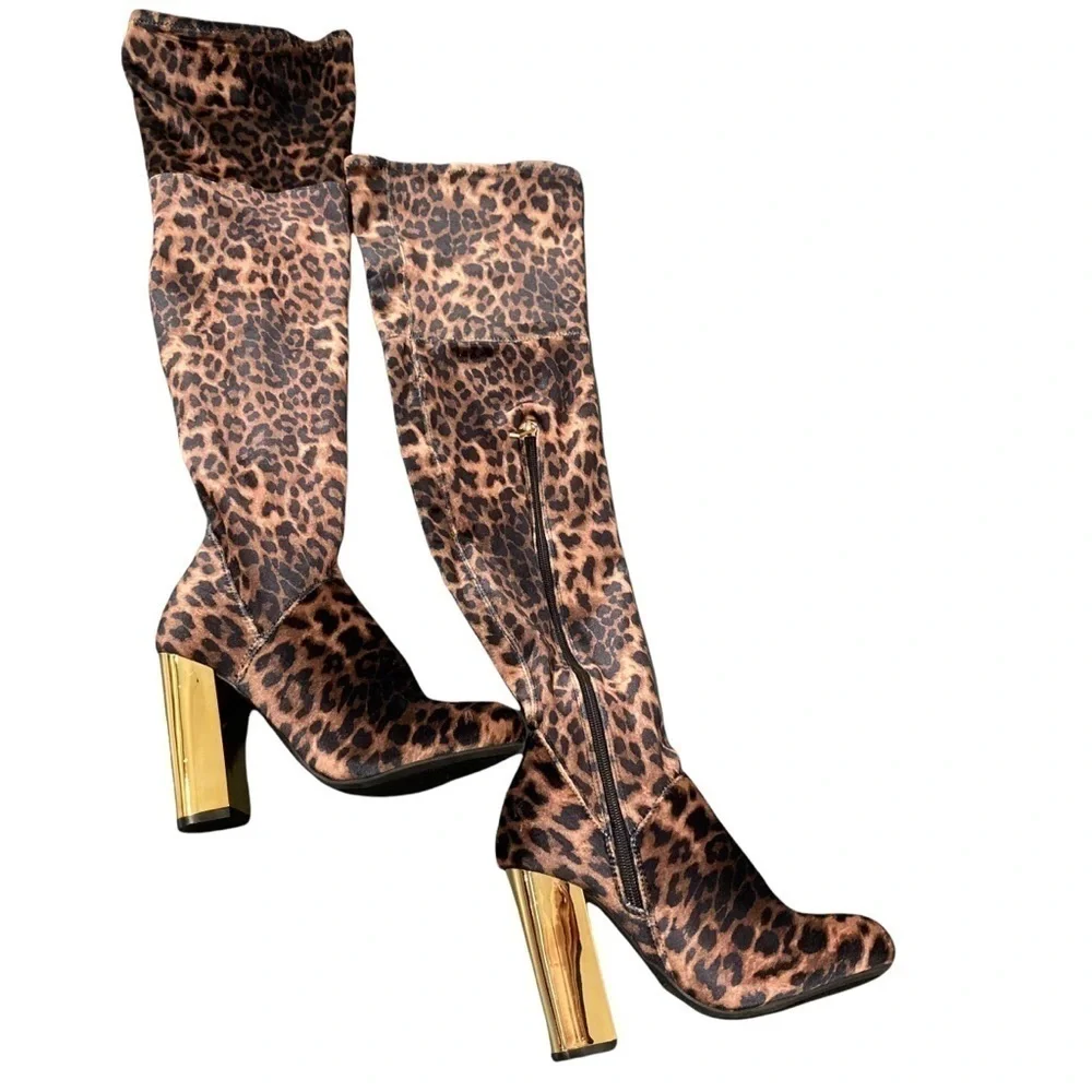 Bamboo sz 5.5 leopard print velvet OTK thigh high boots gold heel